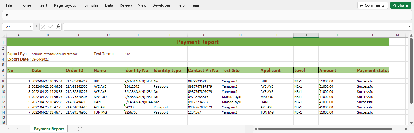 am searchAll payment excel